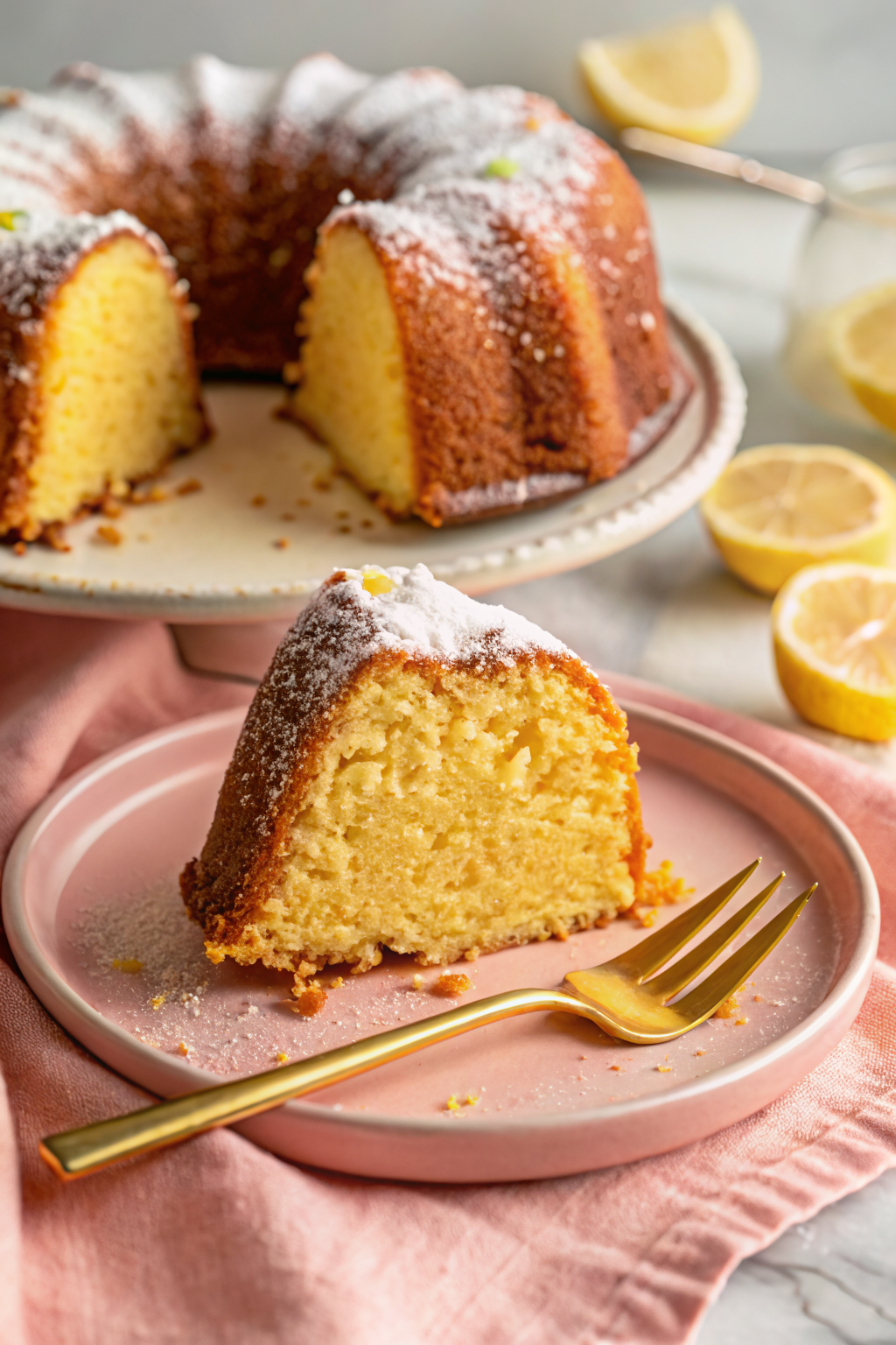 Lemon Bundt Cake slice on plate showing perfect texture and swirl pattern