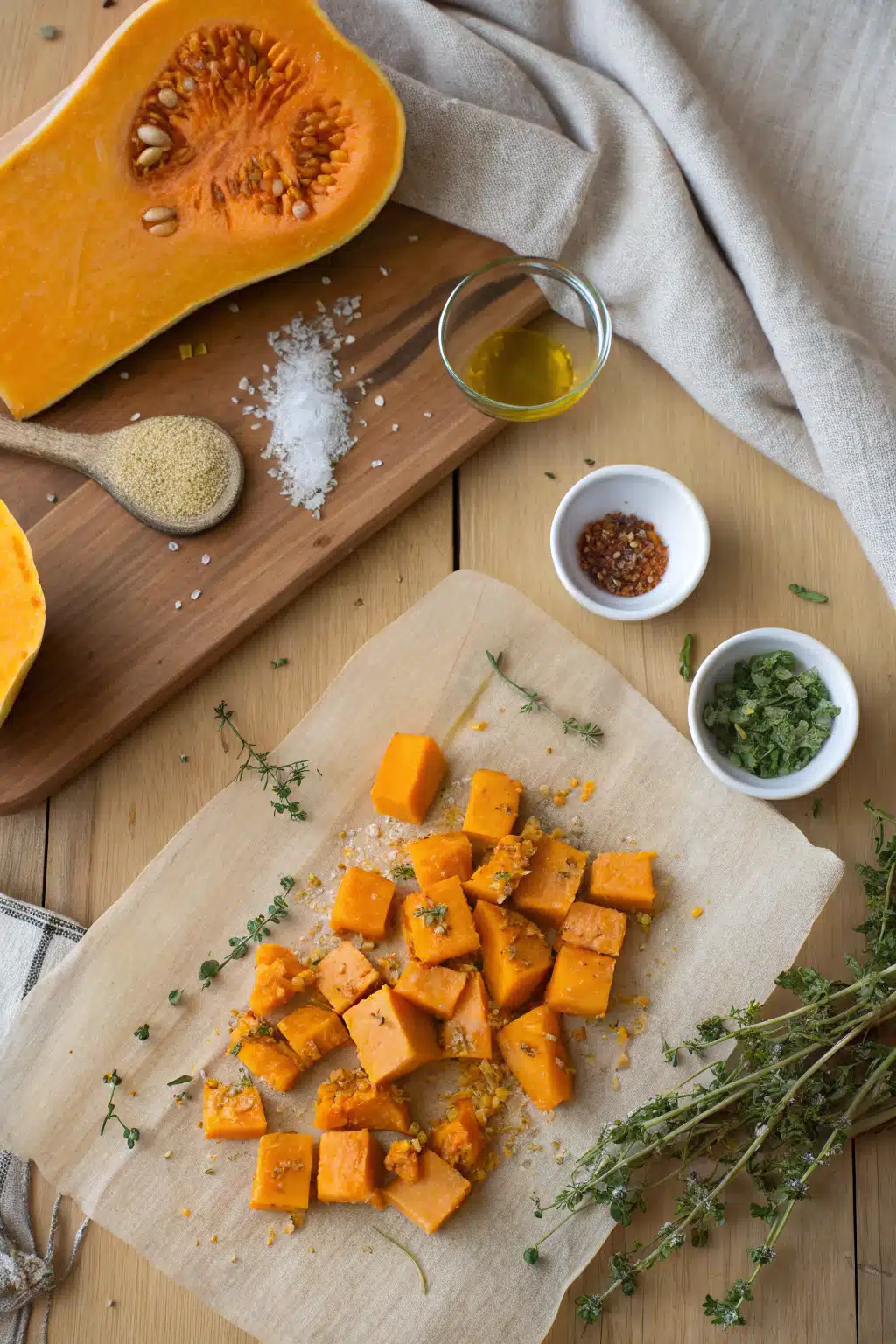 Roasted Butternut Squash beautifully presented from an overhead angle