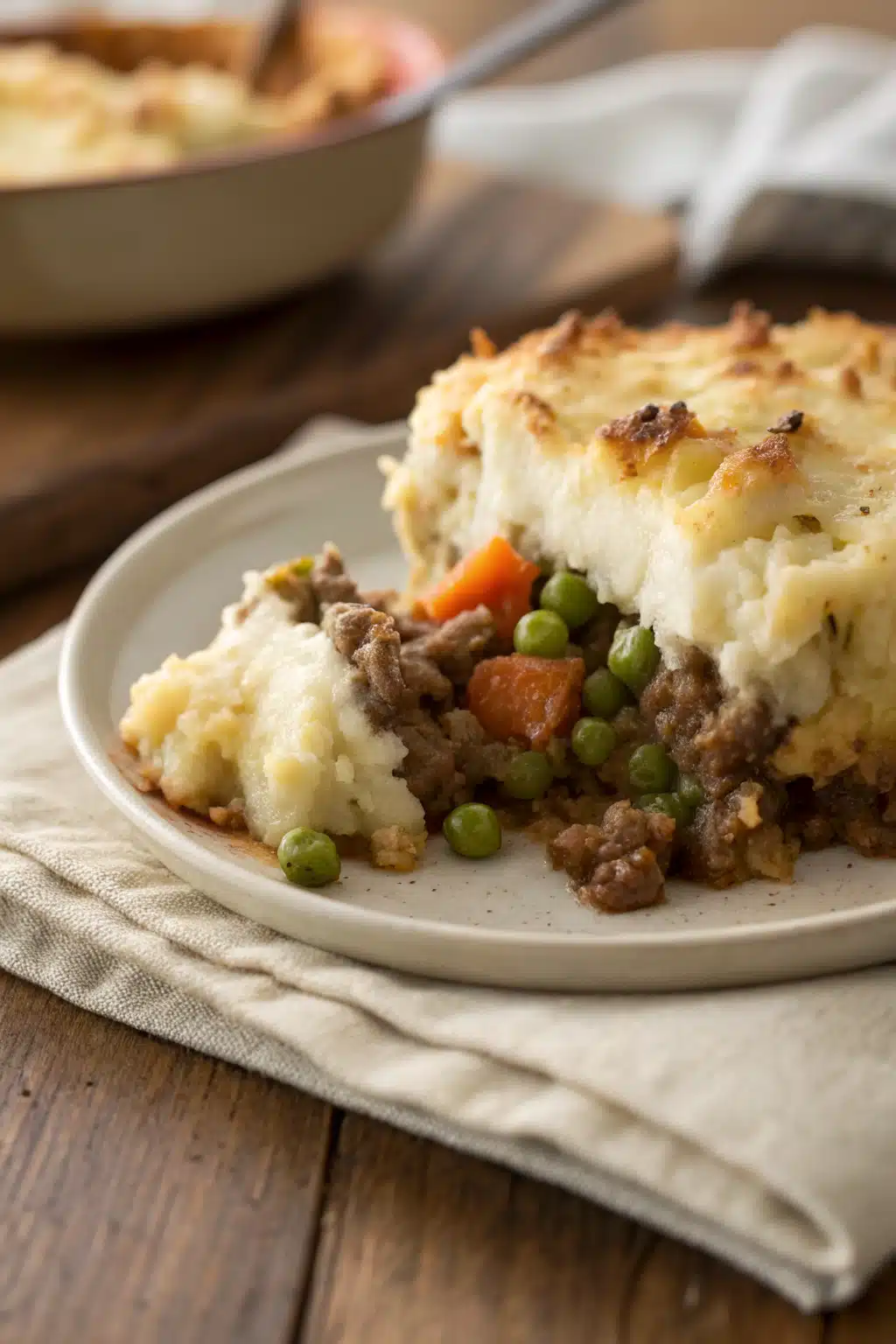 Shepherds Pie slice on plate showing perfect texture and swirl pattern
