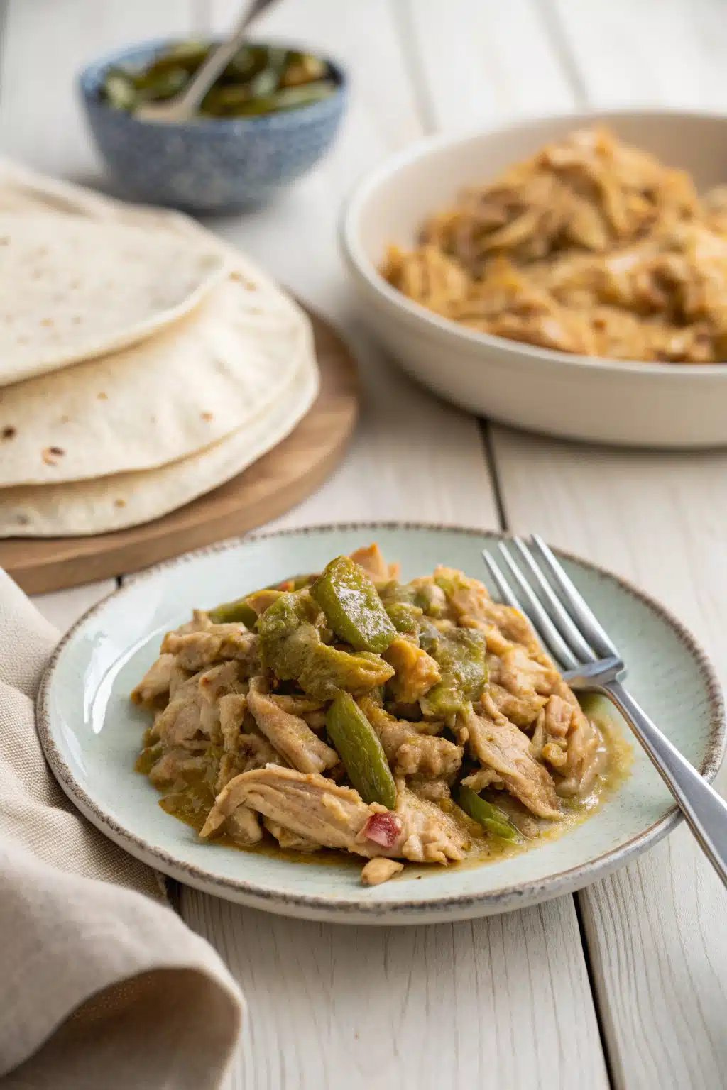 Easy Slow Cooker Chicken With Green Chile ingredients organized and measured on kitchen counter