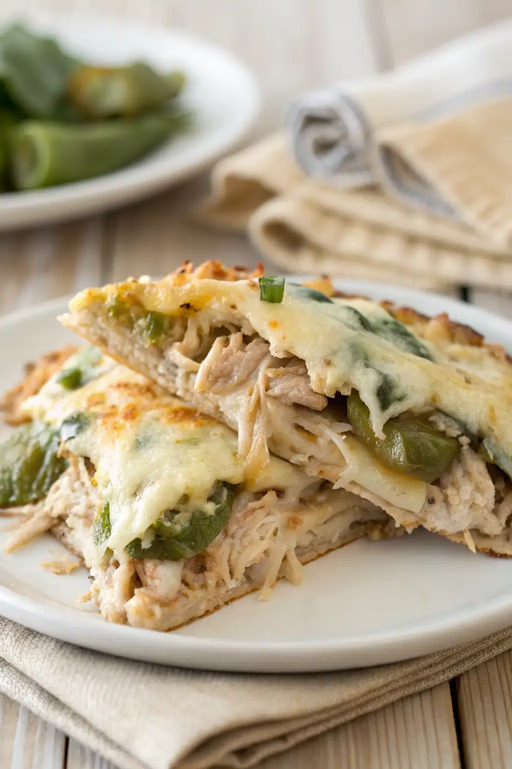 Easy Slow Cooker Chicken With Green Chile slice on plate showing perfect texture and swirl pattern