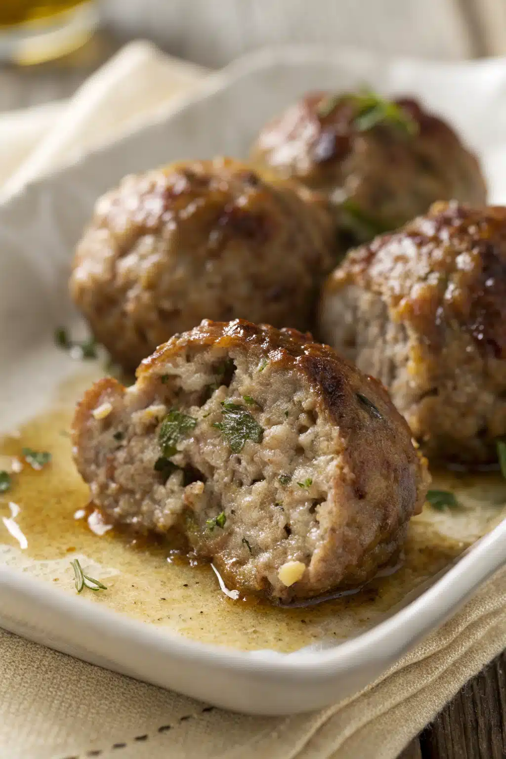 Swedish meatballs recipe slice on plate showing perfect texture and swirl pattern