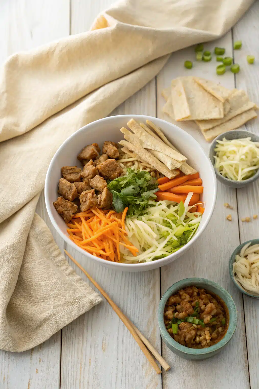 Egg Roll In A Bowl beautifully presented from an overhead angle