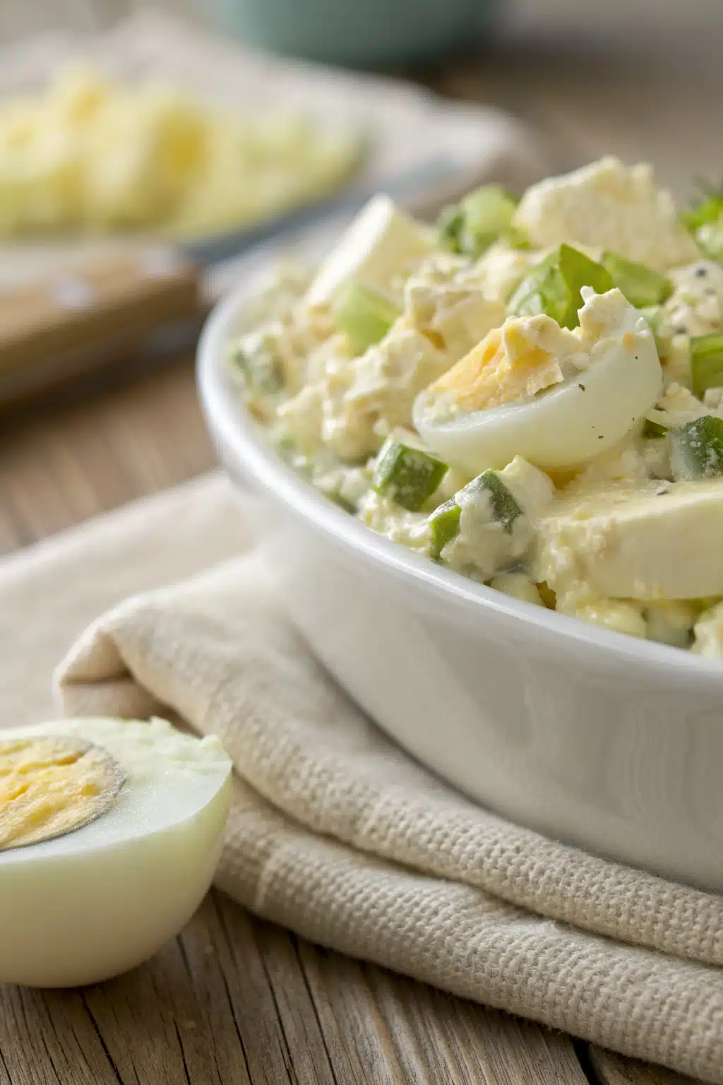 Egg Salad slice on plate showing perfect texture and swirl pattern