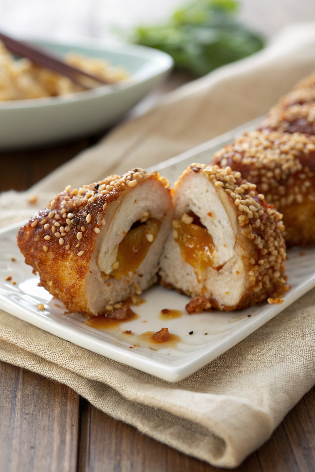 Firecracker Chicken Recipe slice on plate showing perfect texture and swirl pattern