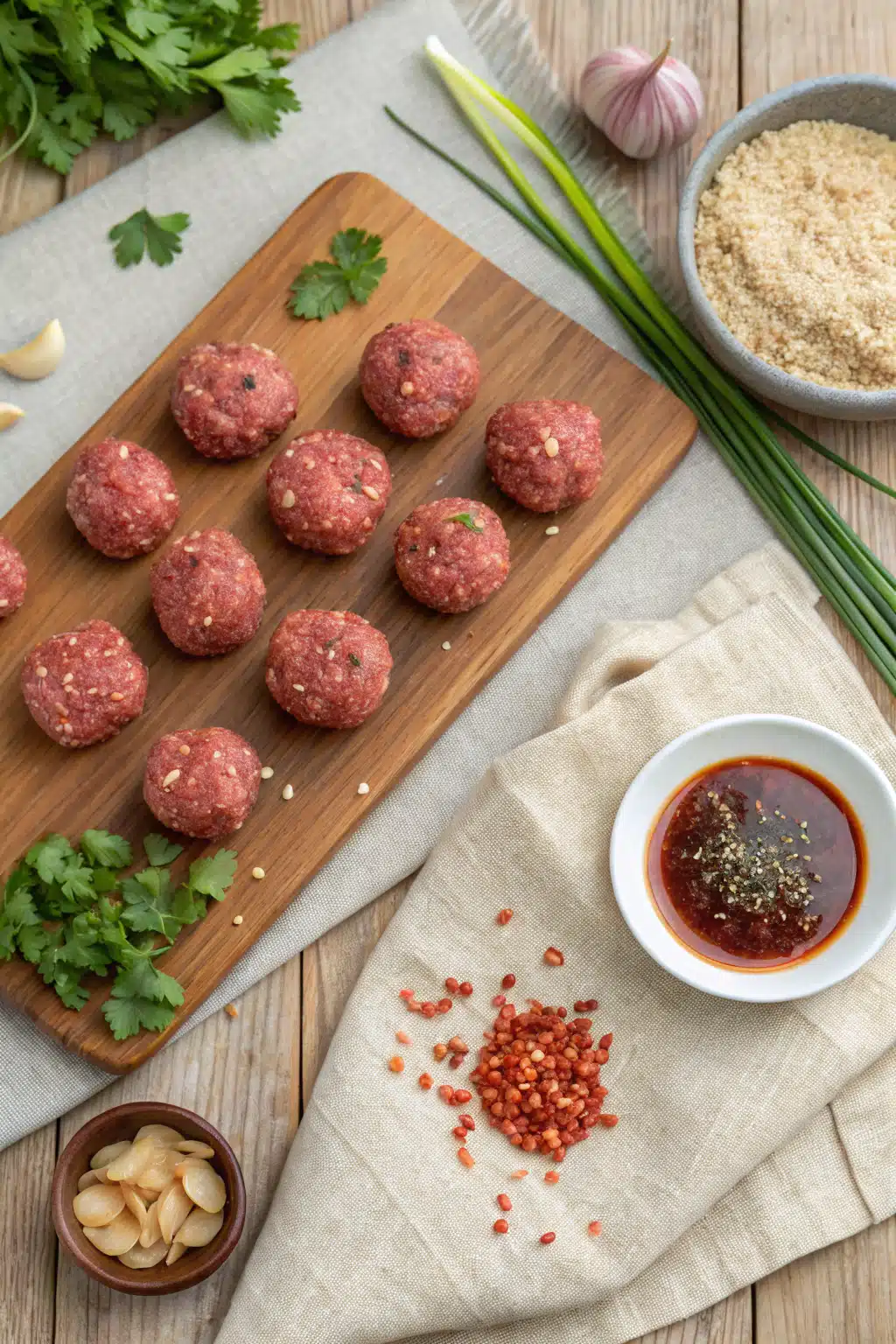 Firecracker Meatballs beautifully presented from an overhead angle