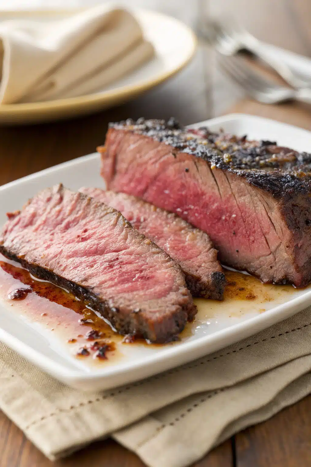 Flank Steak Marinade slice on plate showing perfect texture and swirl pattern