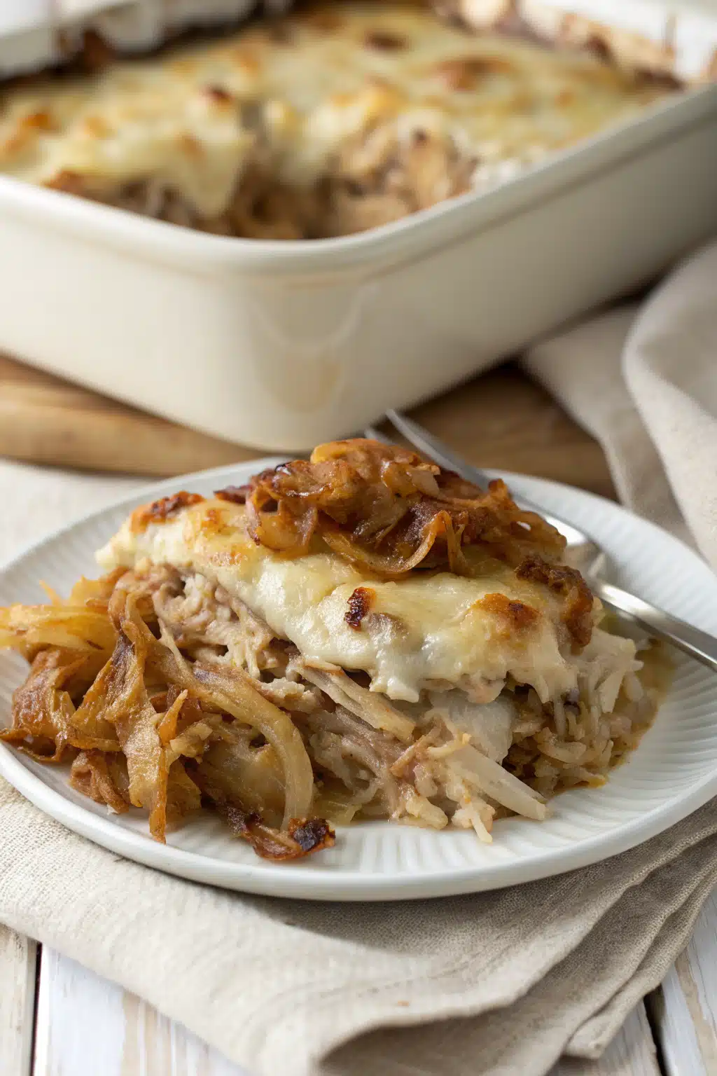 French Onion Chicken Casserole slice on plate showing perfect texture and swirl pattern