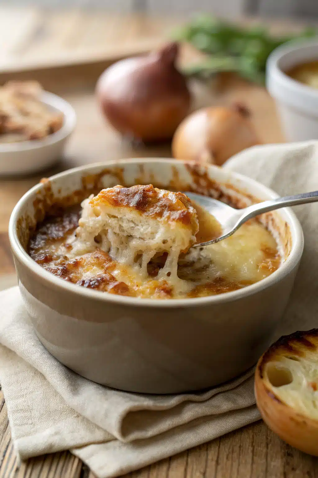 French Onion Soup slice on plate showing perfect texture and swirl pattern