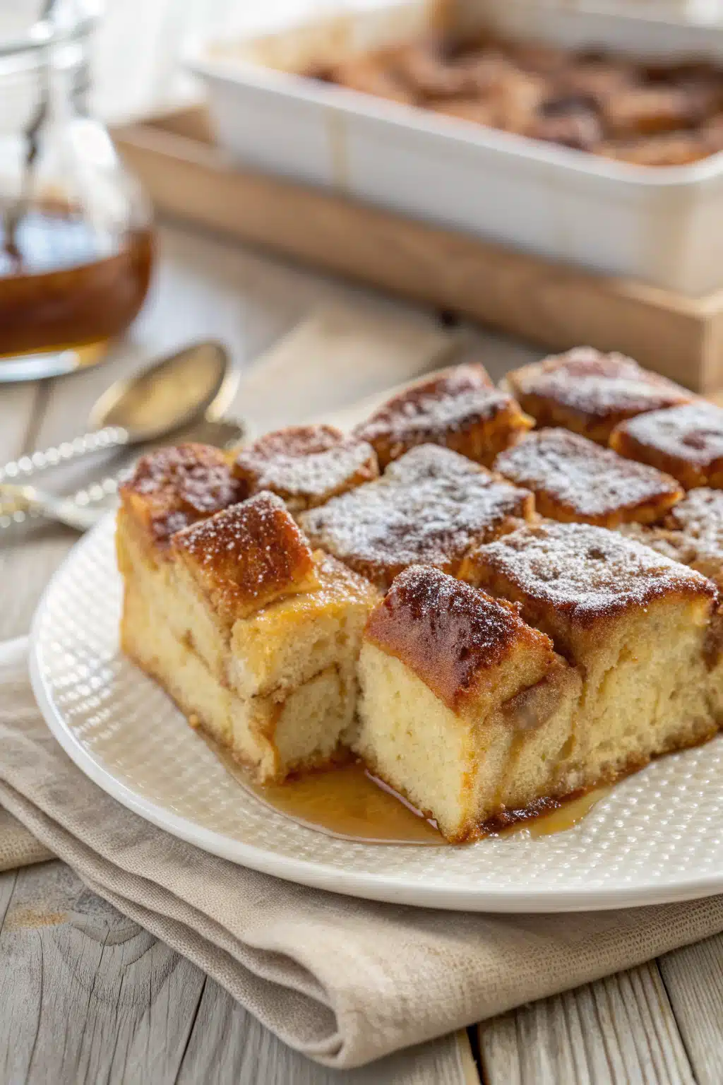 French Toast Casserole 2 slice on plate showing perfect texture and swirl pattern