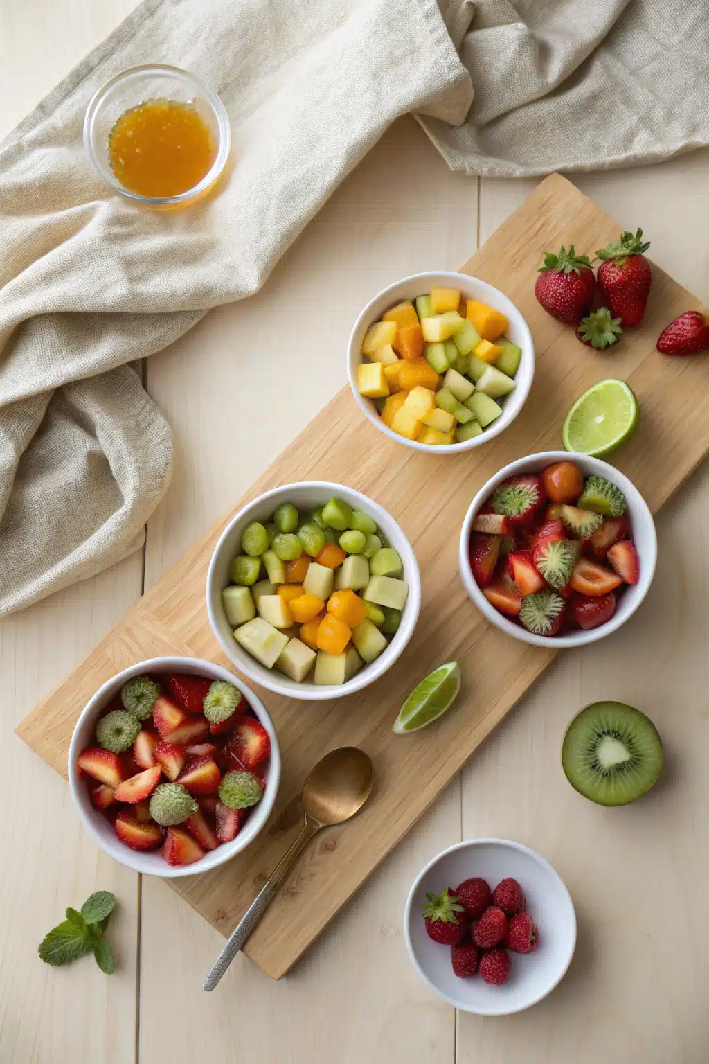 Fruit Salad Honey Lime beautifully presented from an overhead angle