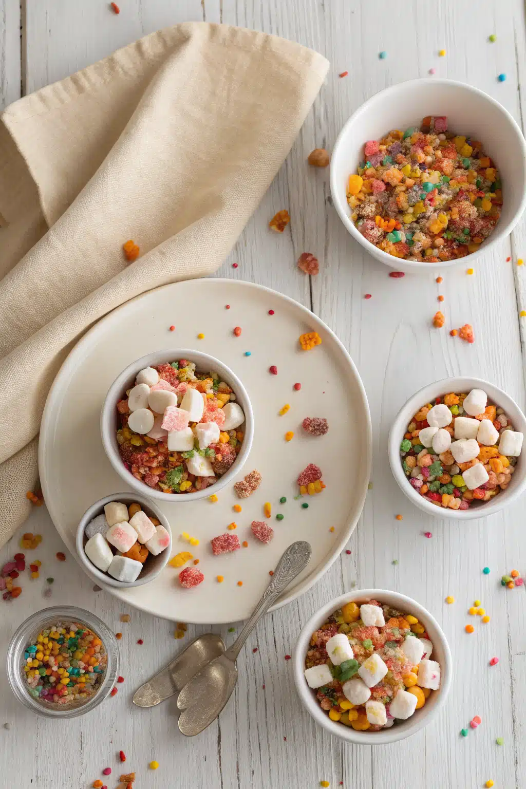 Fruity Pebbles Treats ingredients organized and measured on kitchen counter