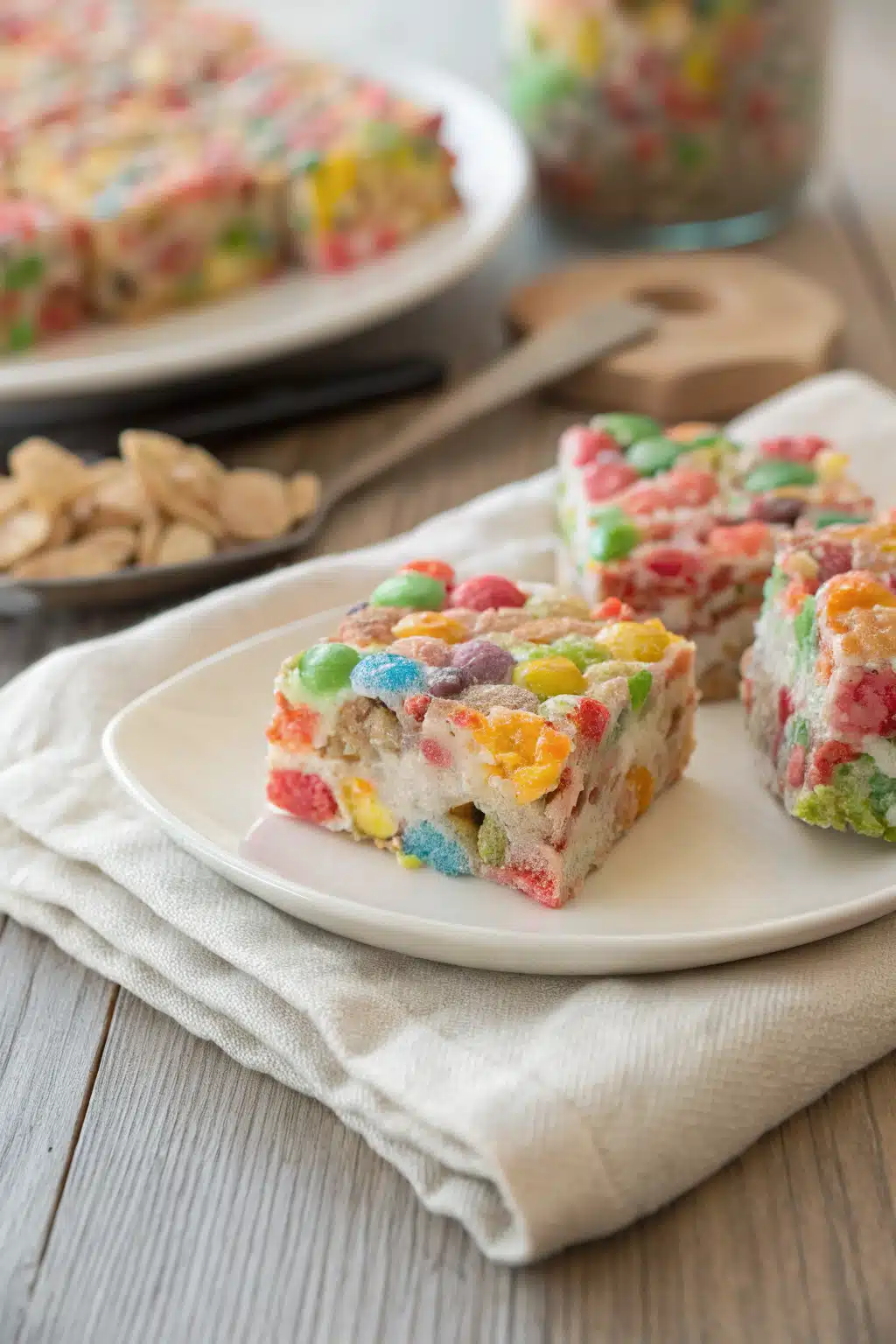 Fruity Pebbles Treats slice on plate showing perfect texture and swirl pattern
