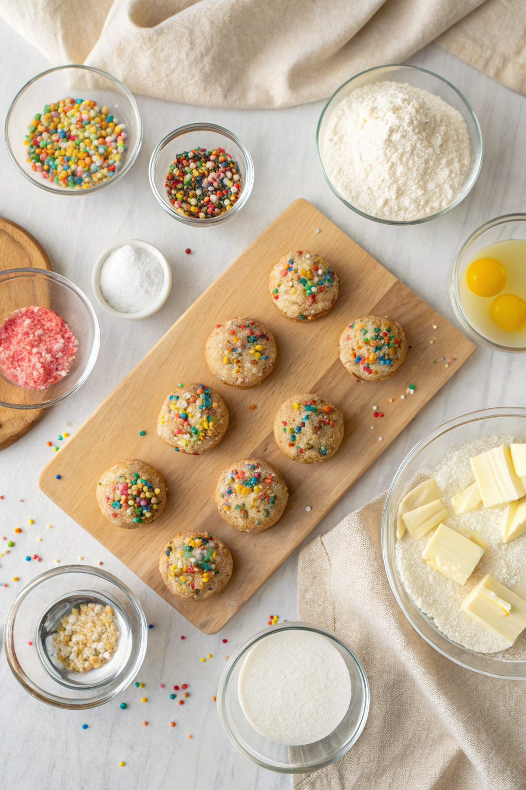 Funfetti Cookies beautifully presented from an overhead angle