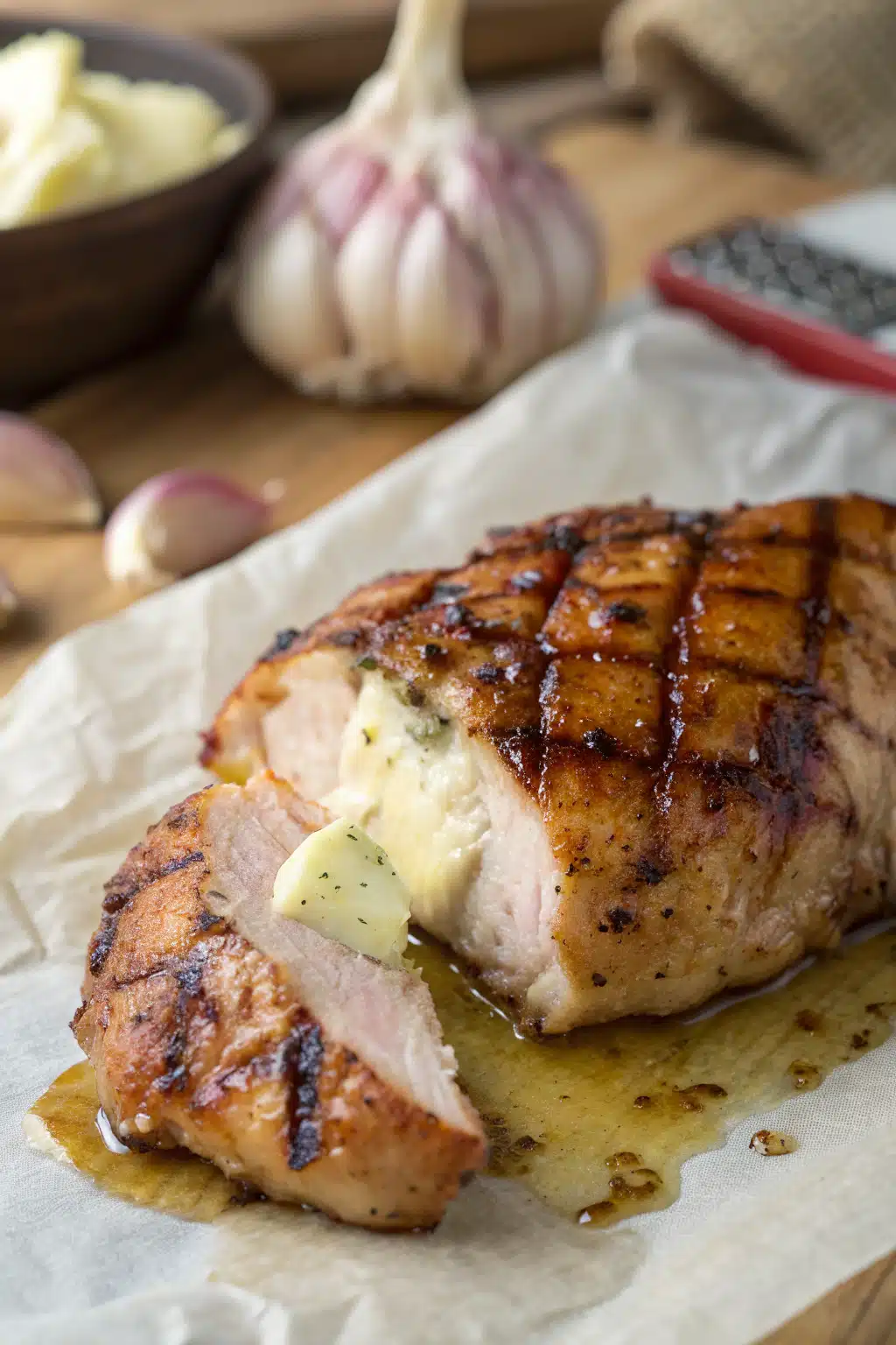 Garlic Butter Chicken slice on plate showing perfect texture and swirl pattern