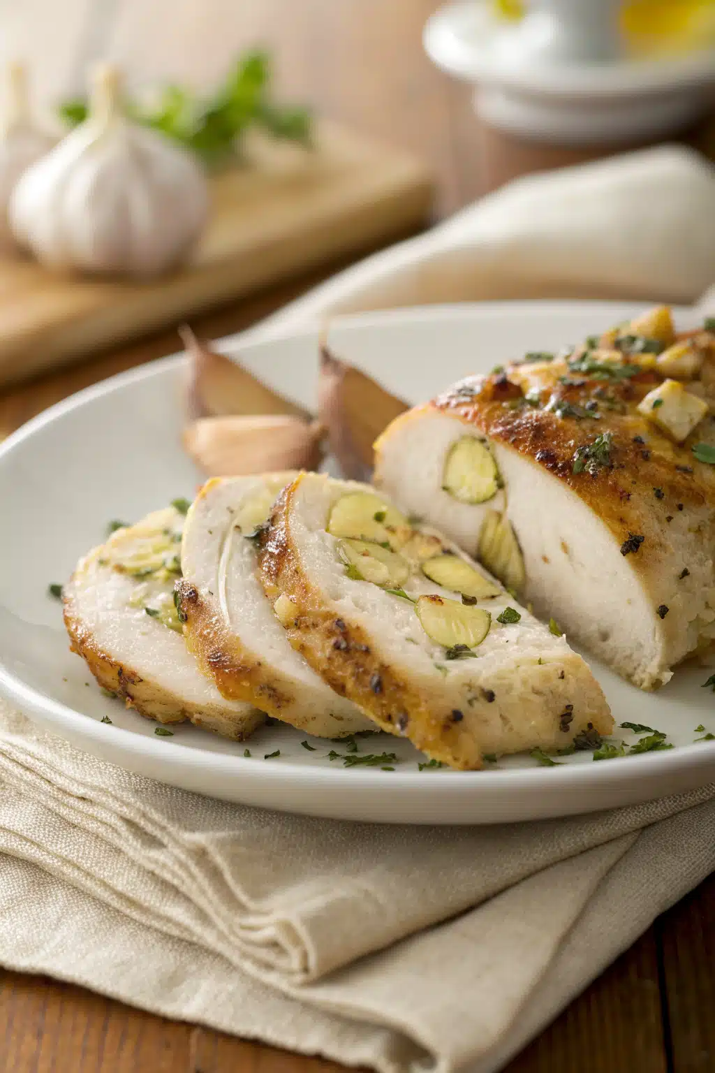 Garlic Butter Chicken slice on plate showing perfect texture and swirl pattern