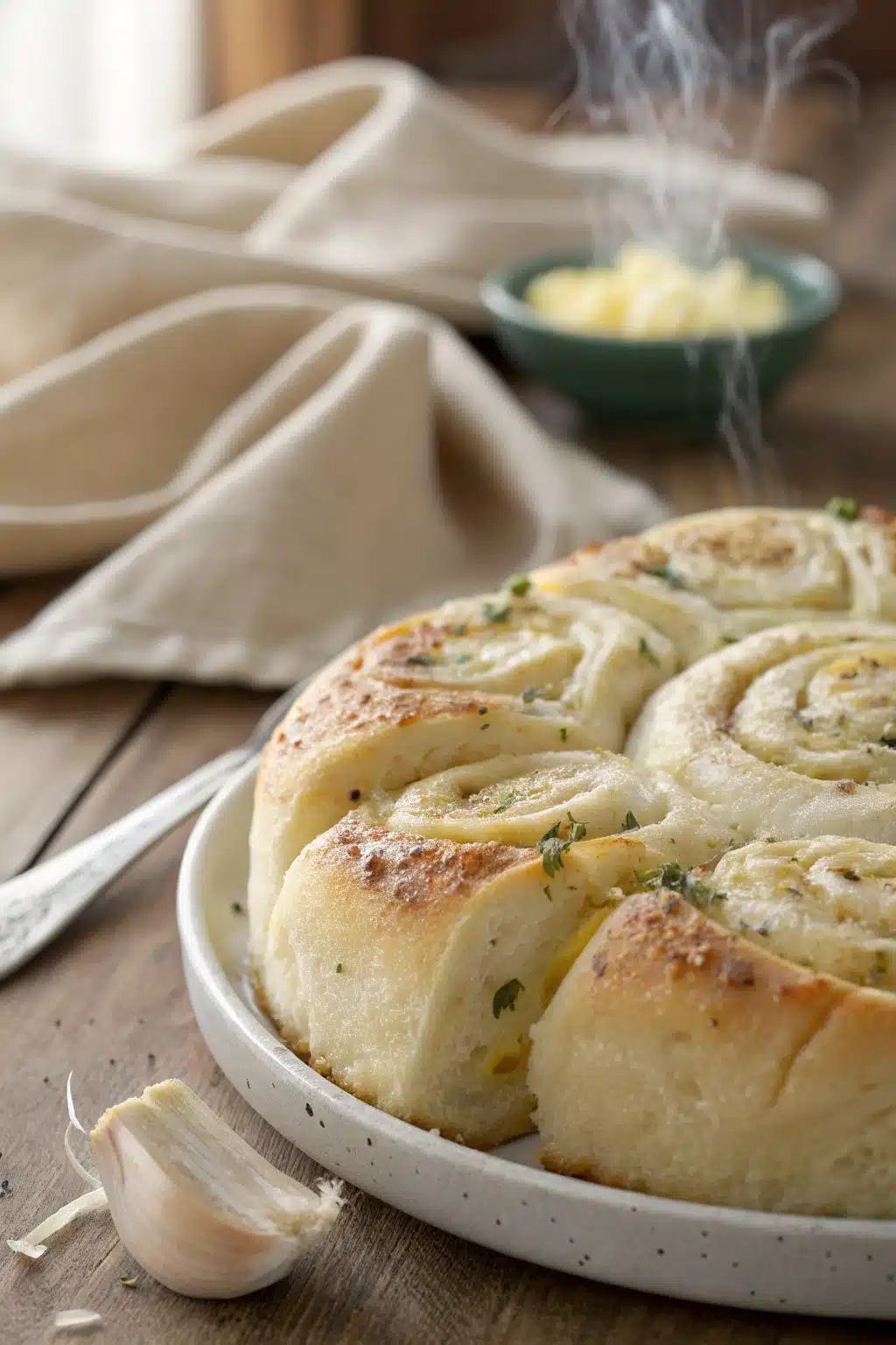 Garlic Cheese Rolls slice on plate showing perfect texture and swirl pattern