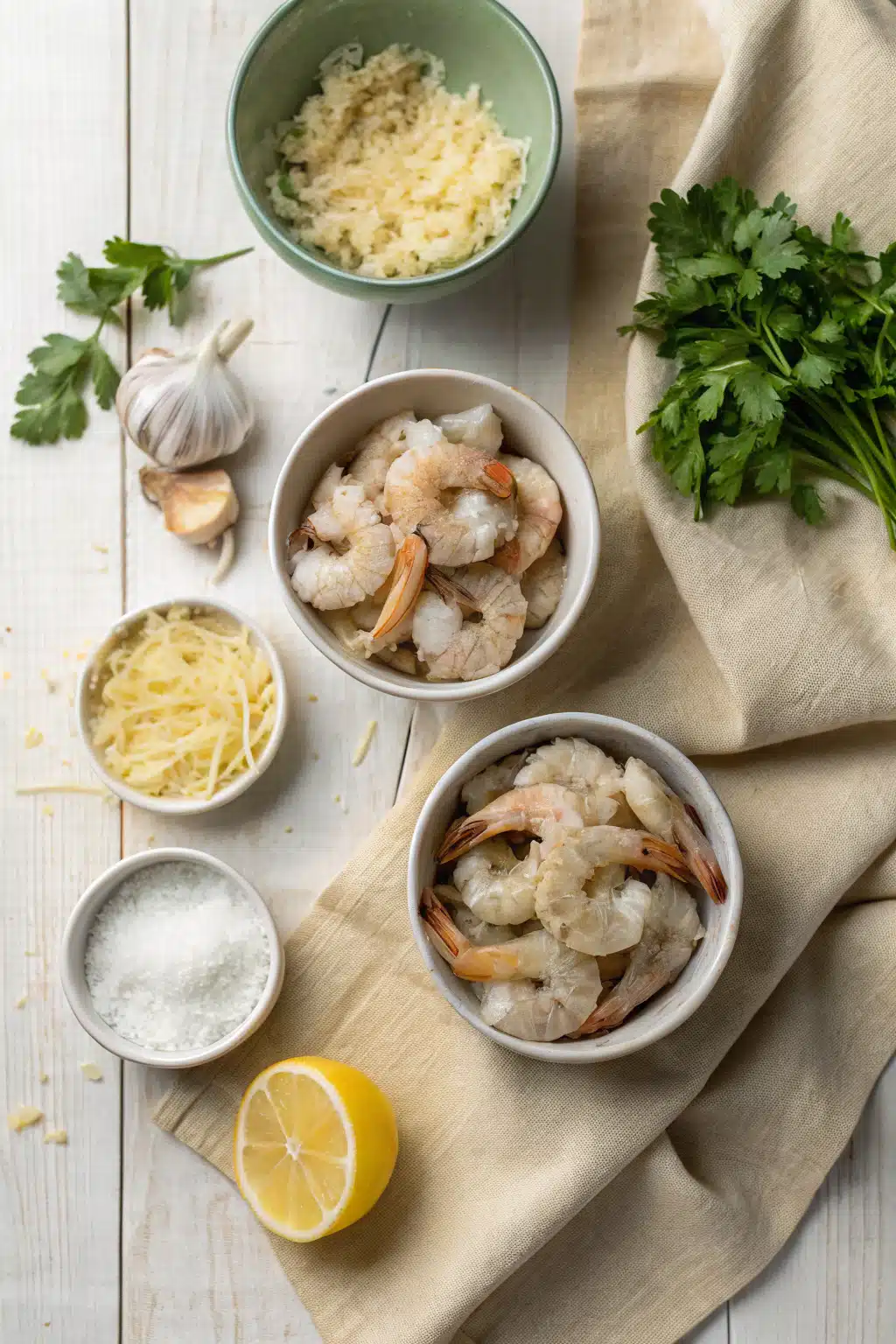 Garlic Parmesan Shrimp beautifully presented from an overhead angle