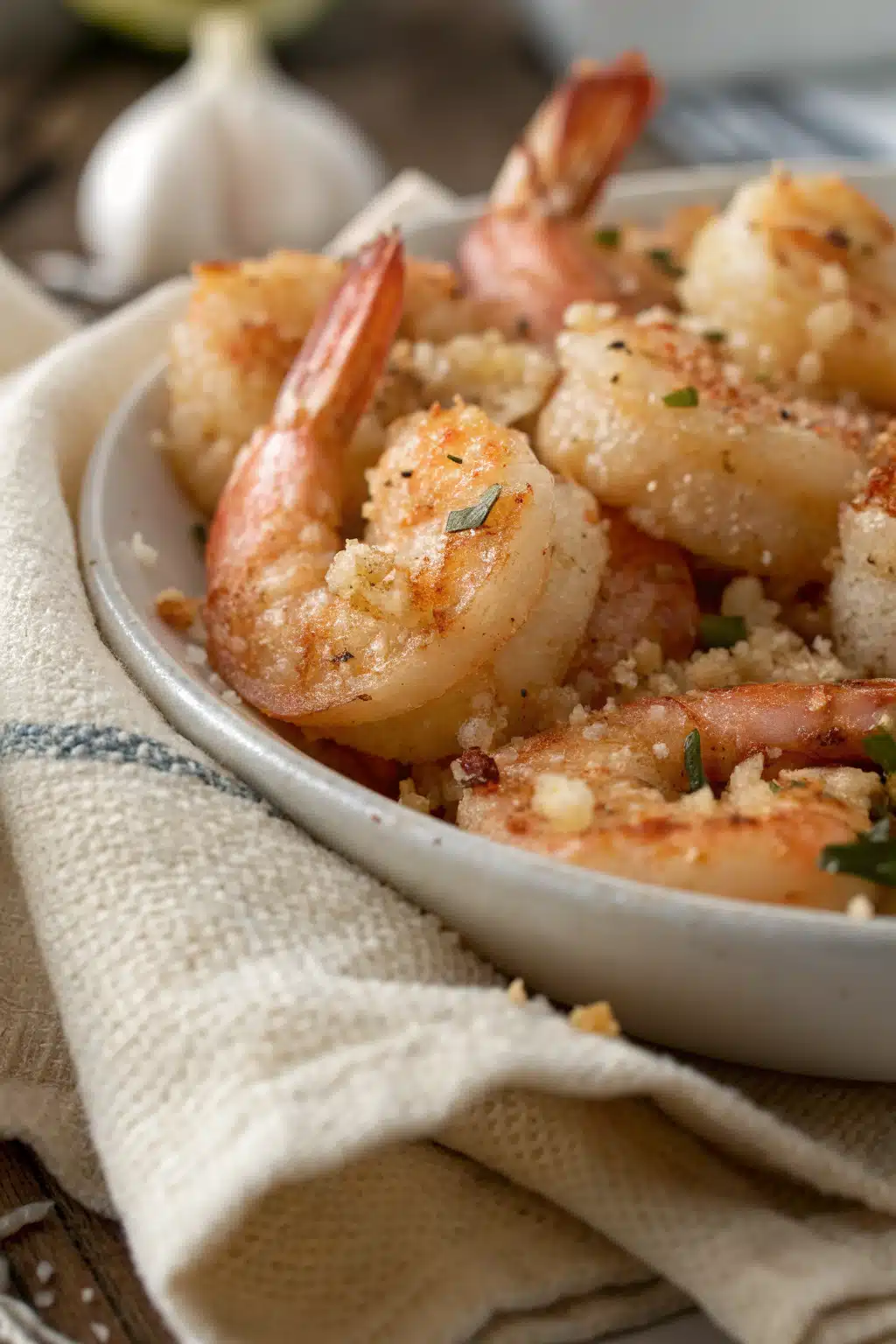 Garlic Parmesan Shrimp slice on plate showing perfect texture and swirl pattern