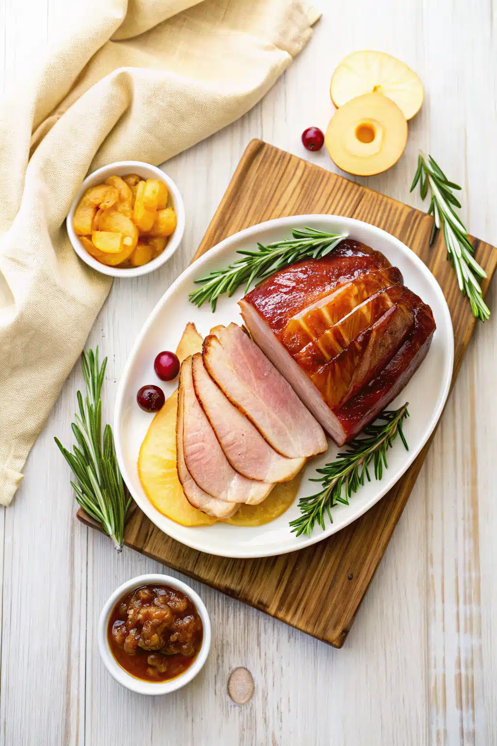 Glazed Ham beautifully presented from an overhead angle