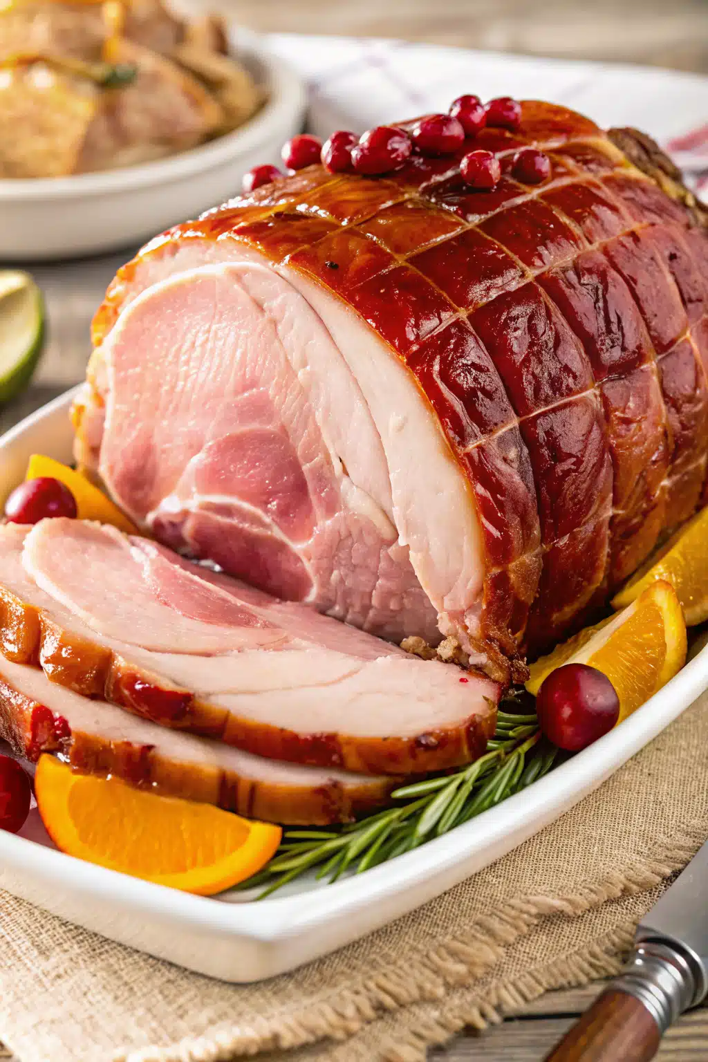 Glazed Ham slice on plate showing perfect texture and swirl pattern