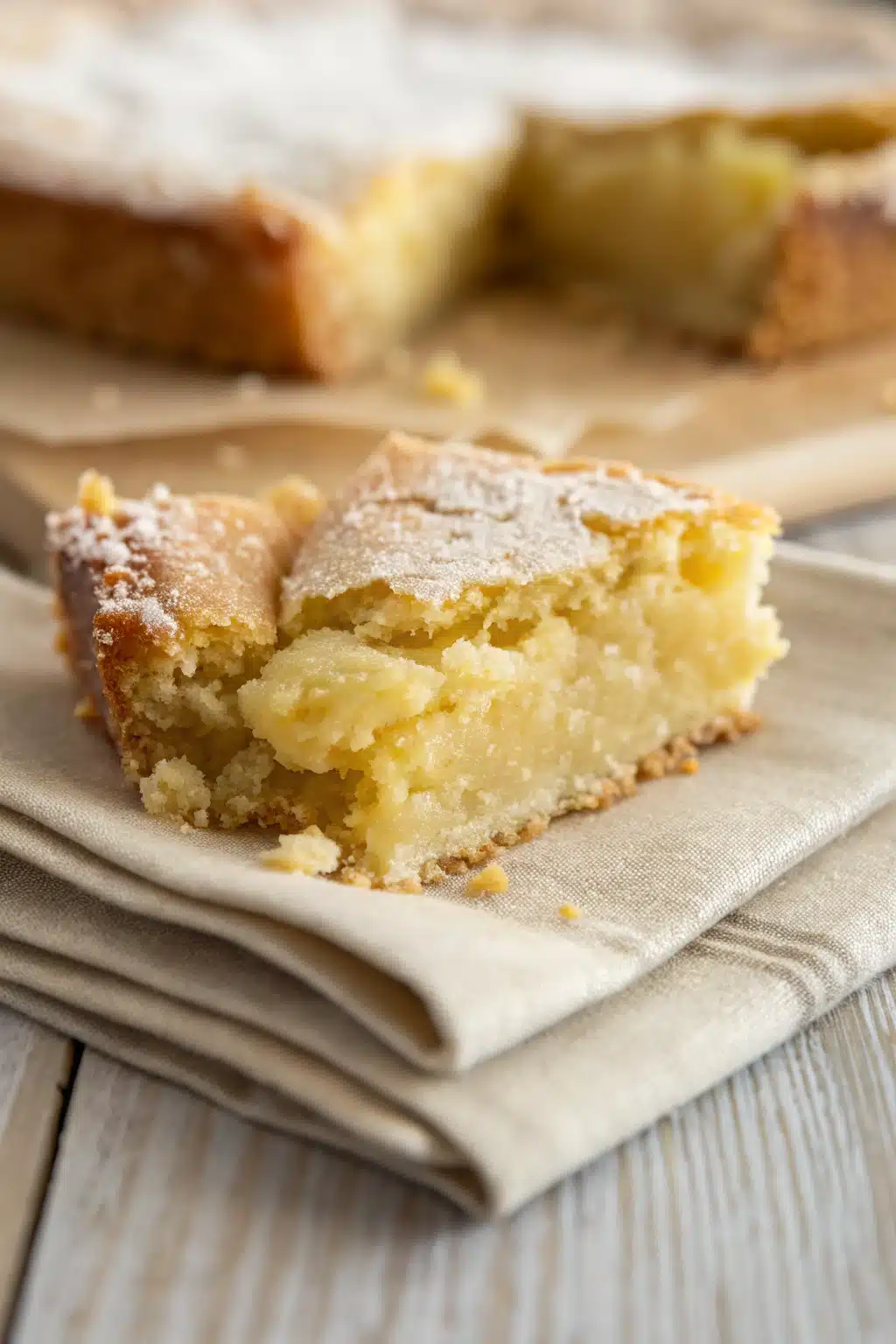 Gooey Butter Cake slice on plate showing perfect texture and swirl pattern