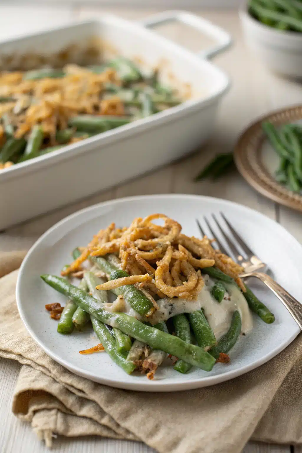 Green Bean Casserole ingredients organized and measured on kitchen counter