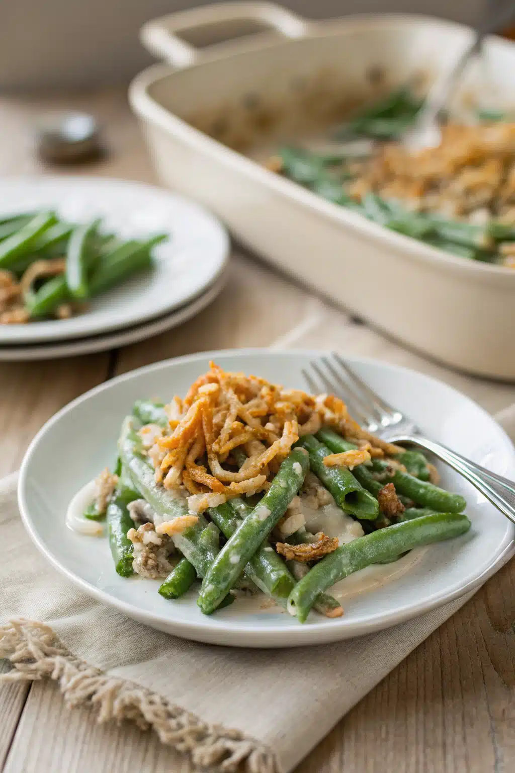 Green Bean Casserole Recipe ingredients organized and measured on kitchen counter