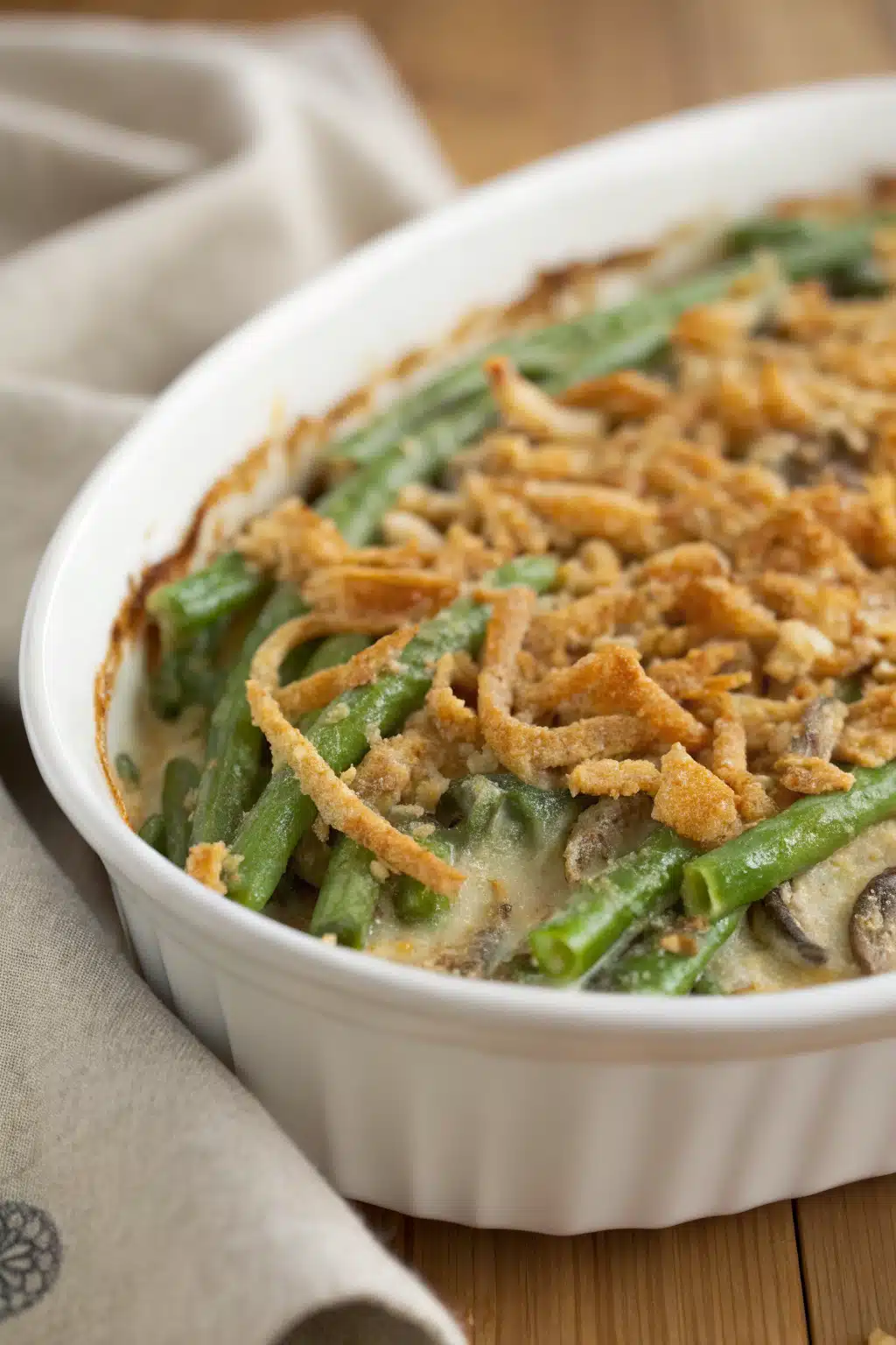 Green Bean Casserole Recipe slice on plate showing perfect texture and swirl pattern