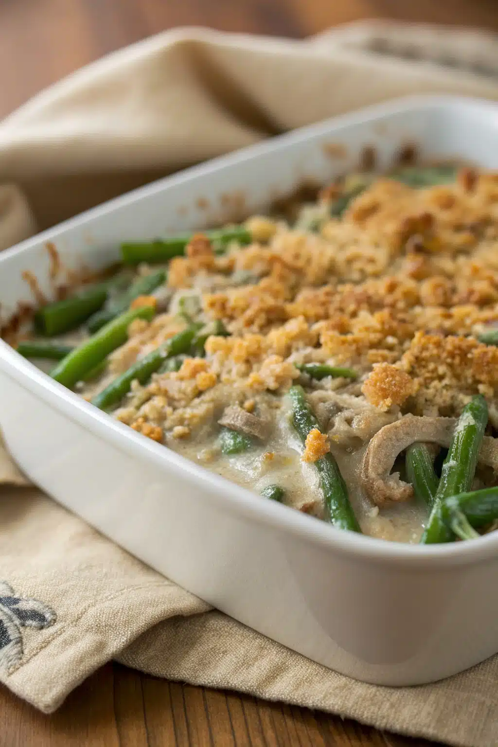 Green Bean Casserole slice on plate showing perfect texture and swirl pattern