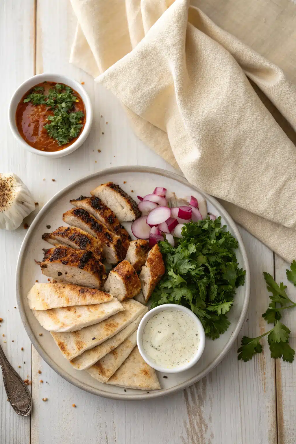 Grilled Chicken Shawarma beautifully presented from an overhead angle