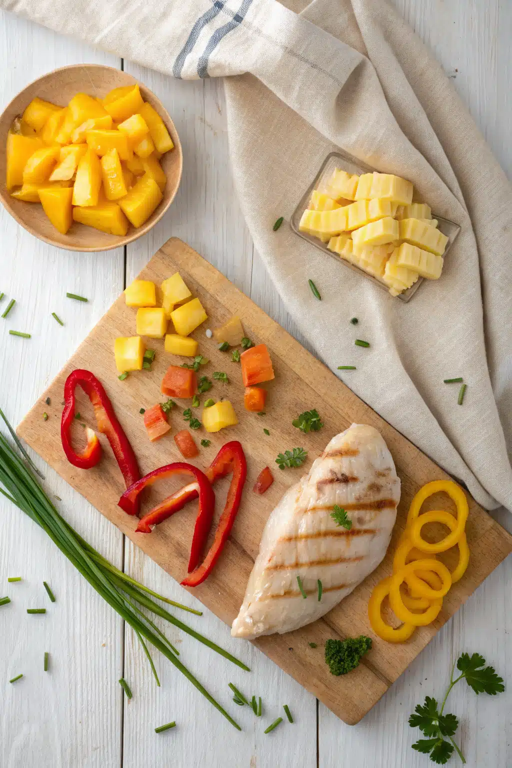 Grilled Mango Pineapple Chicken beautifully presented from an overhead angle