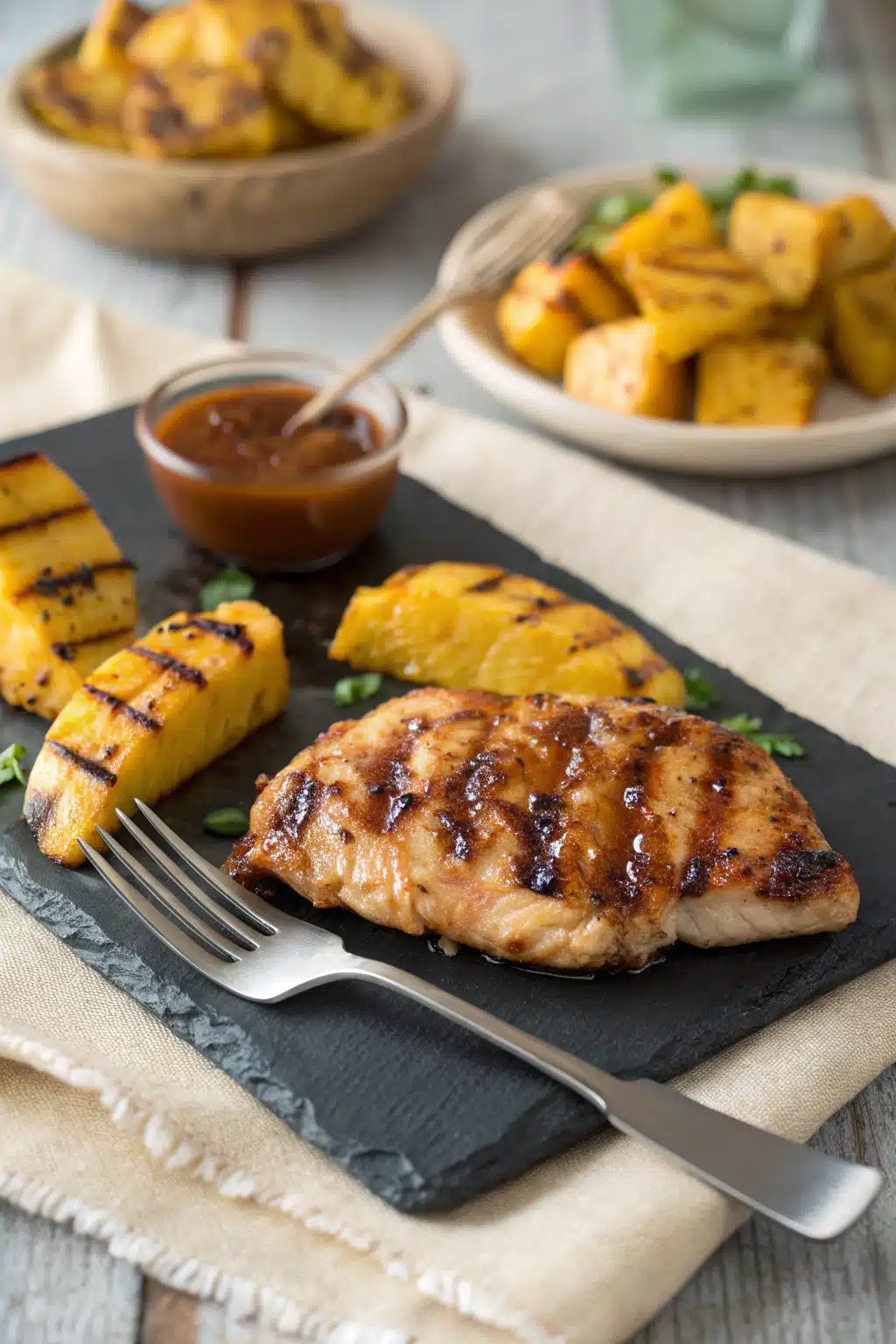 Grilled Mango Pineapple Chicken ingredients organized and measured on kitchen counter