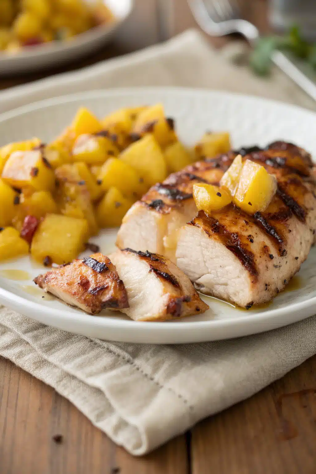 Grilled Mango Pineapple Chicken slice on plate showing perfect texture and swirl pattern