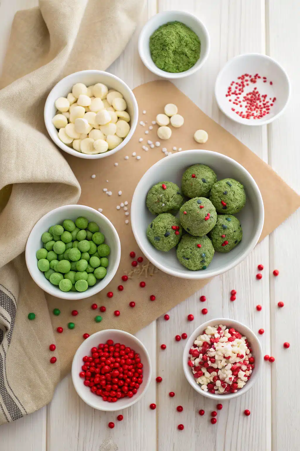 Grinch Cookies beautifully presented from an overhead angle