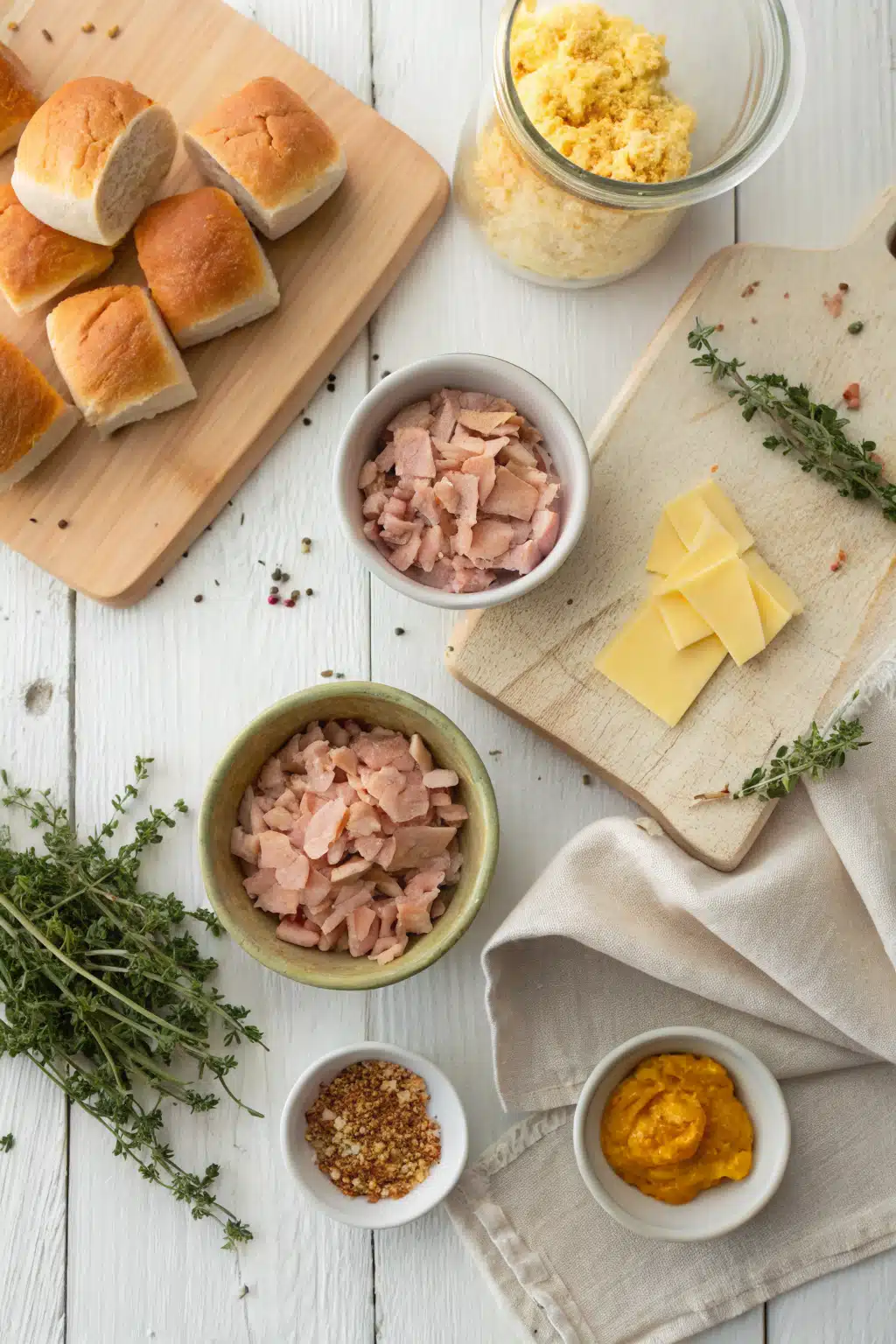 Ham And Cheese Sliders beautifully presented from an overhead angle