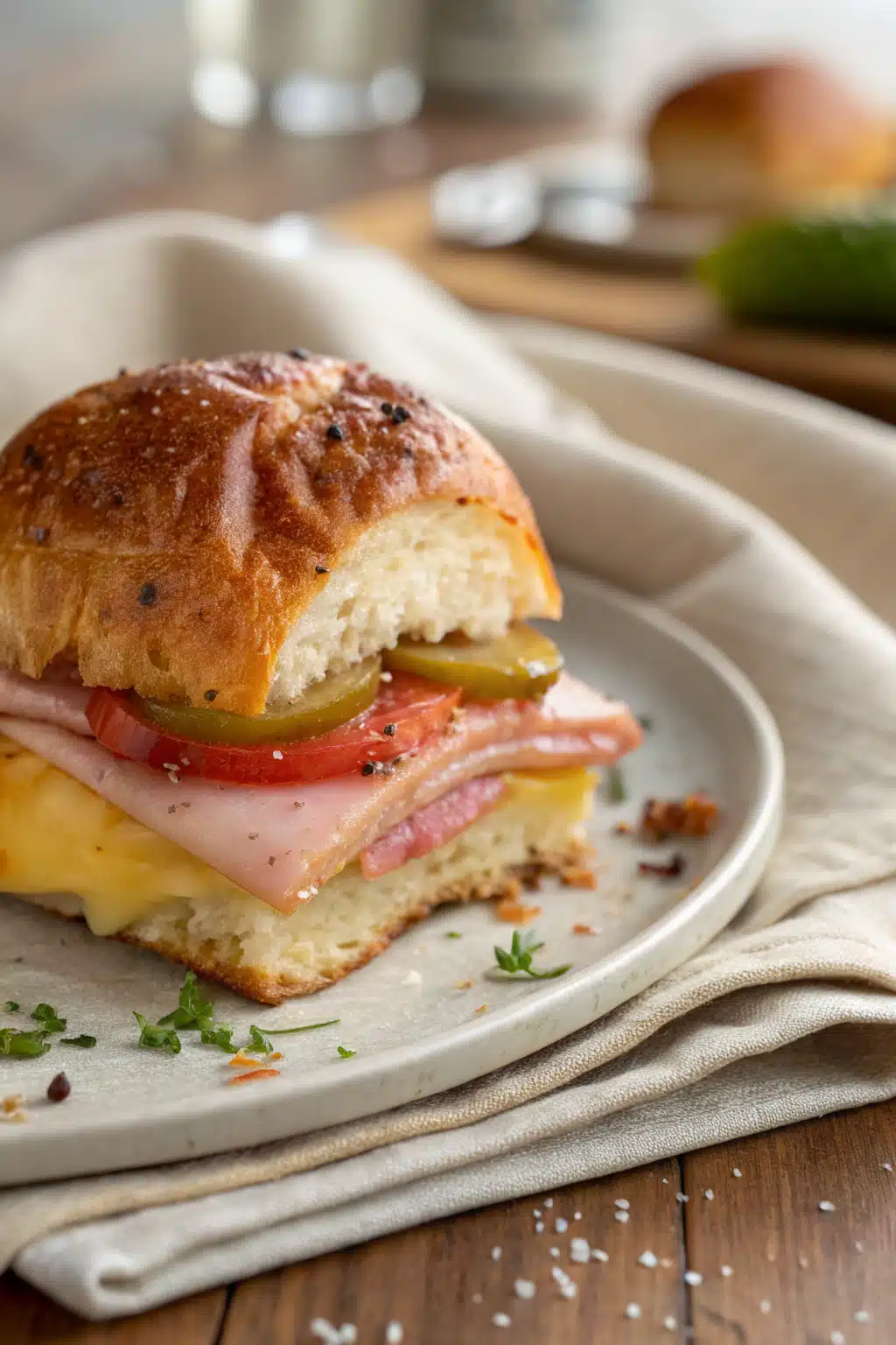 Ham And Cheese Sliders slice on plate showing perfect texture and swirl pattern