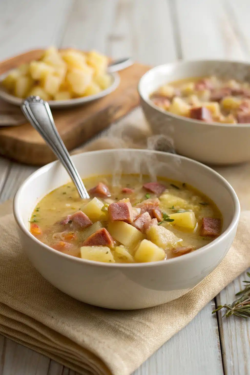 Ham And Potato Soup ingredients organized and measured on kitchen counter