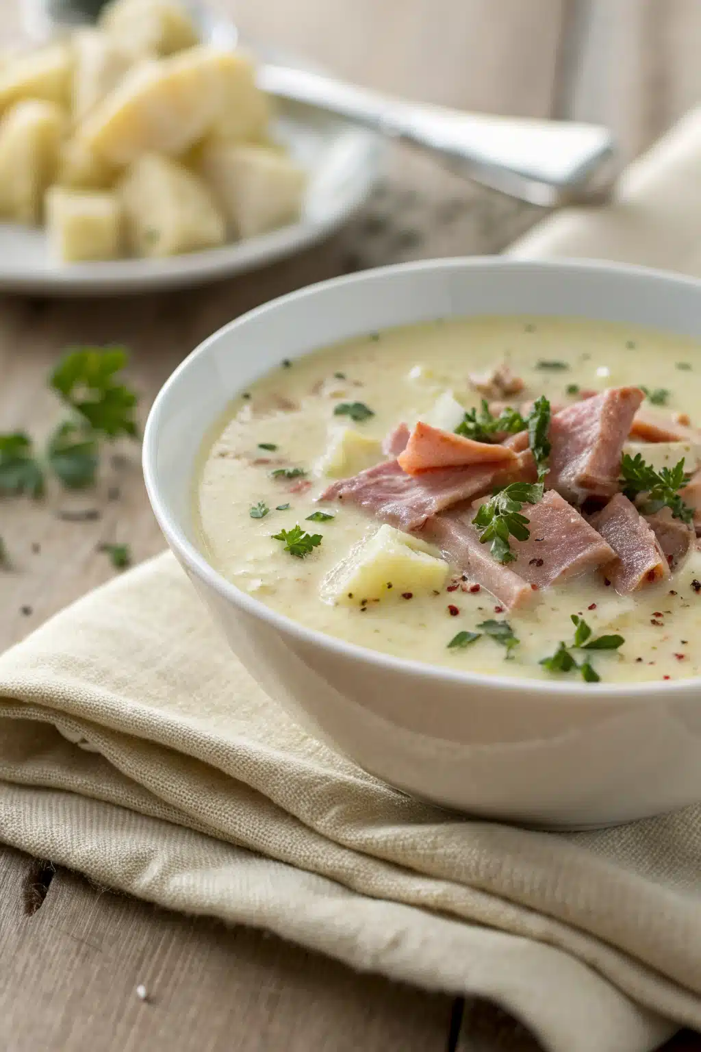 Ham And Potato Soup slice on plate showing perfect texture and swirl pattern
