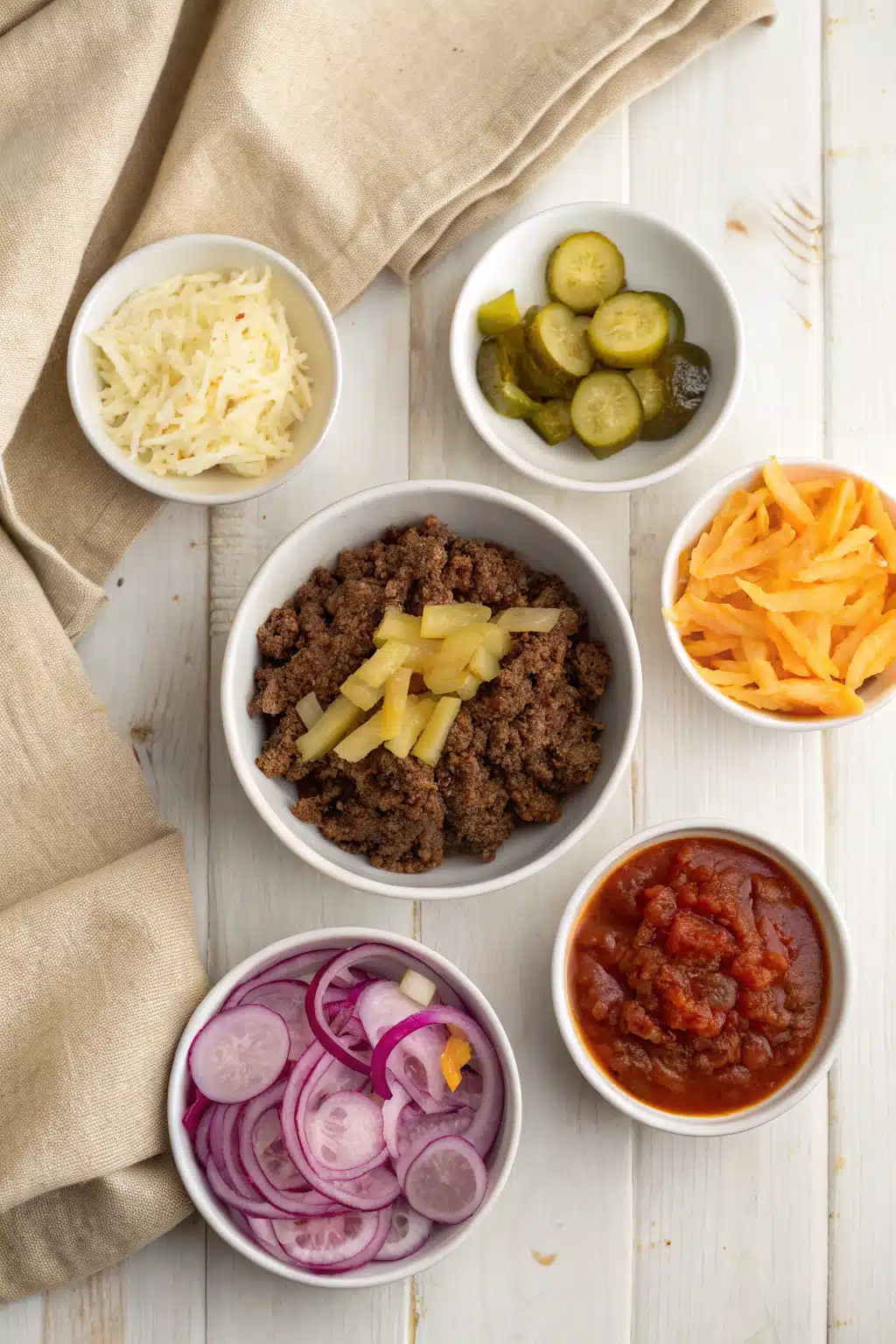 Hamburger Casserole beautifully presented from an overhead angle