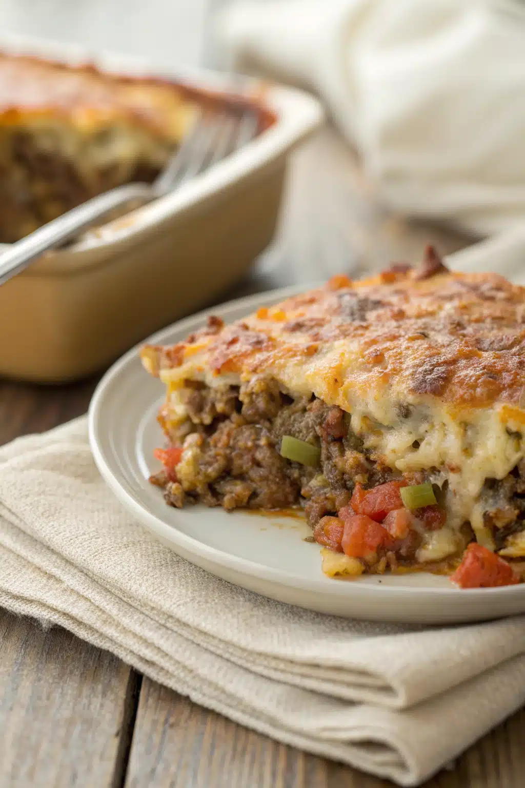 Hamburger Casserole slice on plate showing perfect texture and swirl pattern