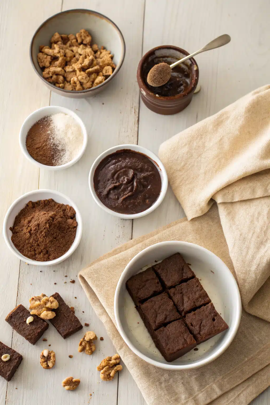 Homemade Brownies beautifully presented from an overhead angle