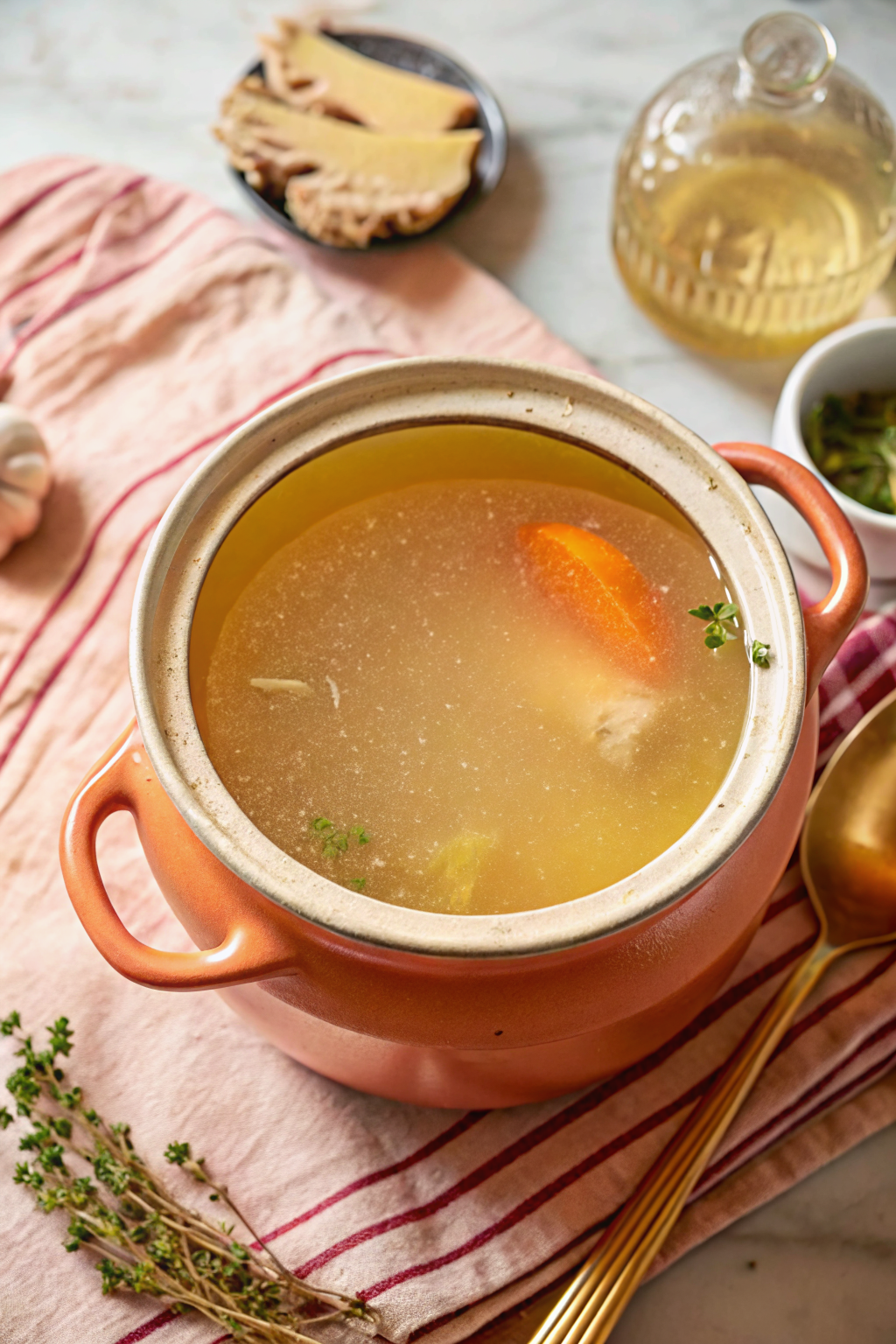 Homemade Chicken Broth beautifully presented from an overhead angle