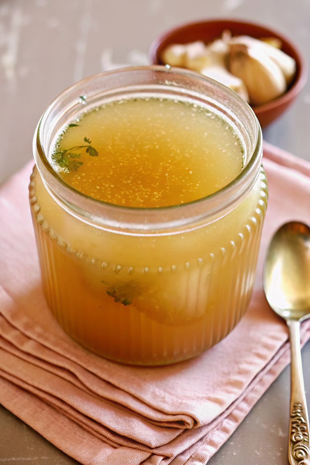 Homemade Chicken Broth slice on plate showing perfect texture and swirl pattern