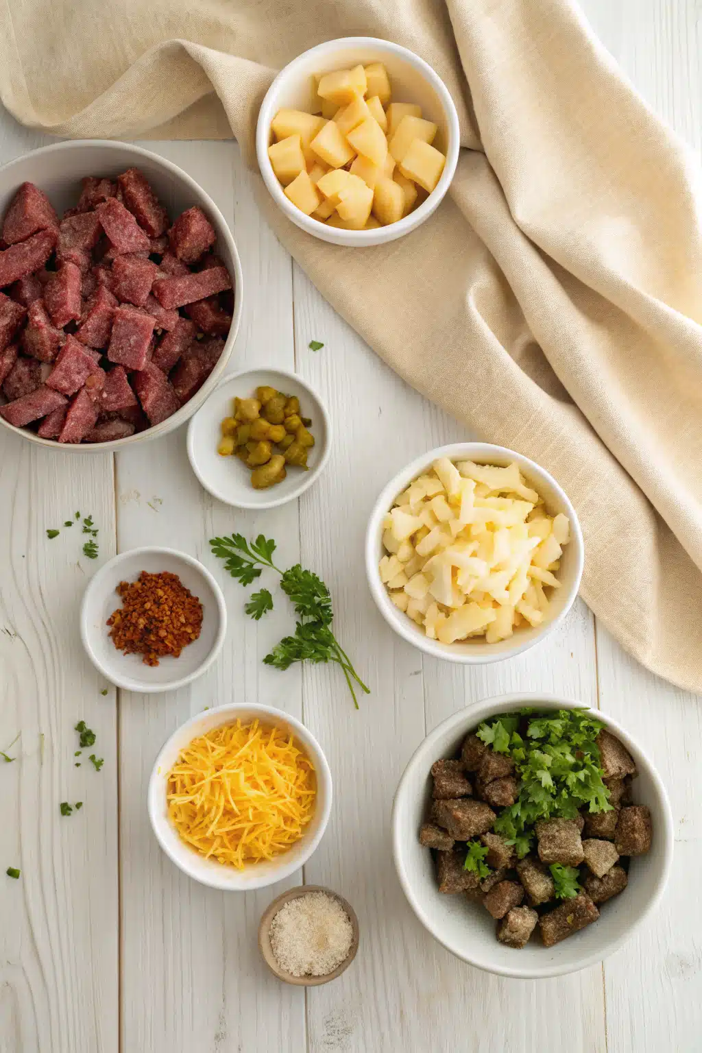 Homemade Hamburger Helper beautifully presented from an overhead angle