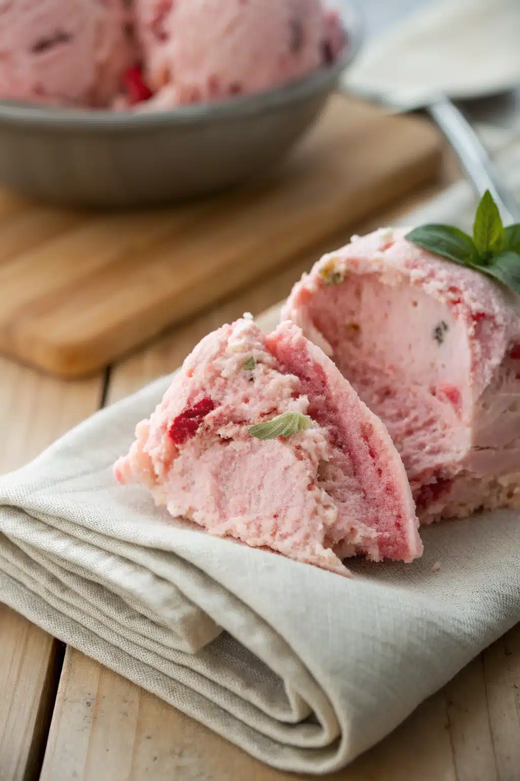 Homemade Ice Cream slice on plate showing perfect texture and swirl pattern