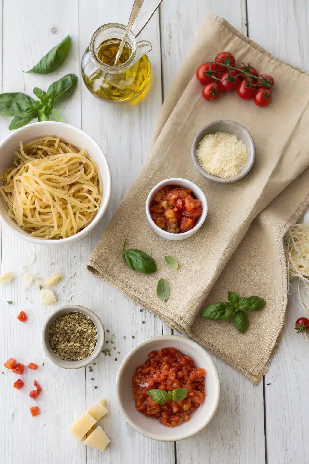 Instant Pot Spaghetti beautifully presented from an overhead angle