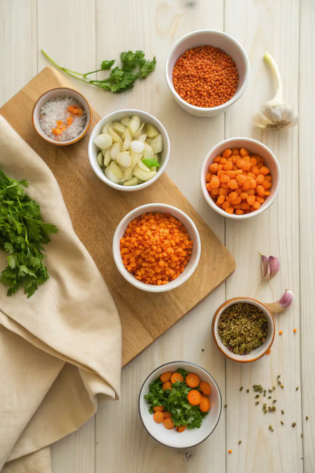 Lentil Soup beautifully presented from an overhead angle