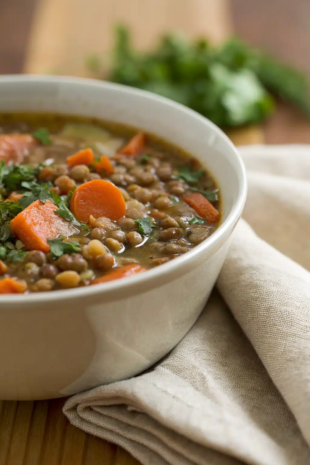 Lentil Soup slice on plate showing perfect texture and swirl pattern