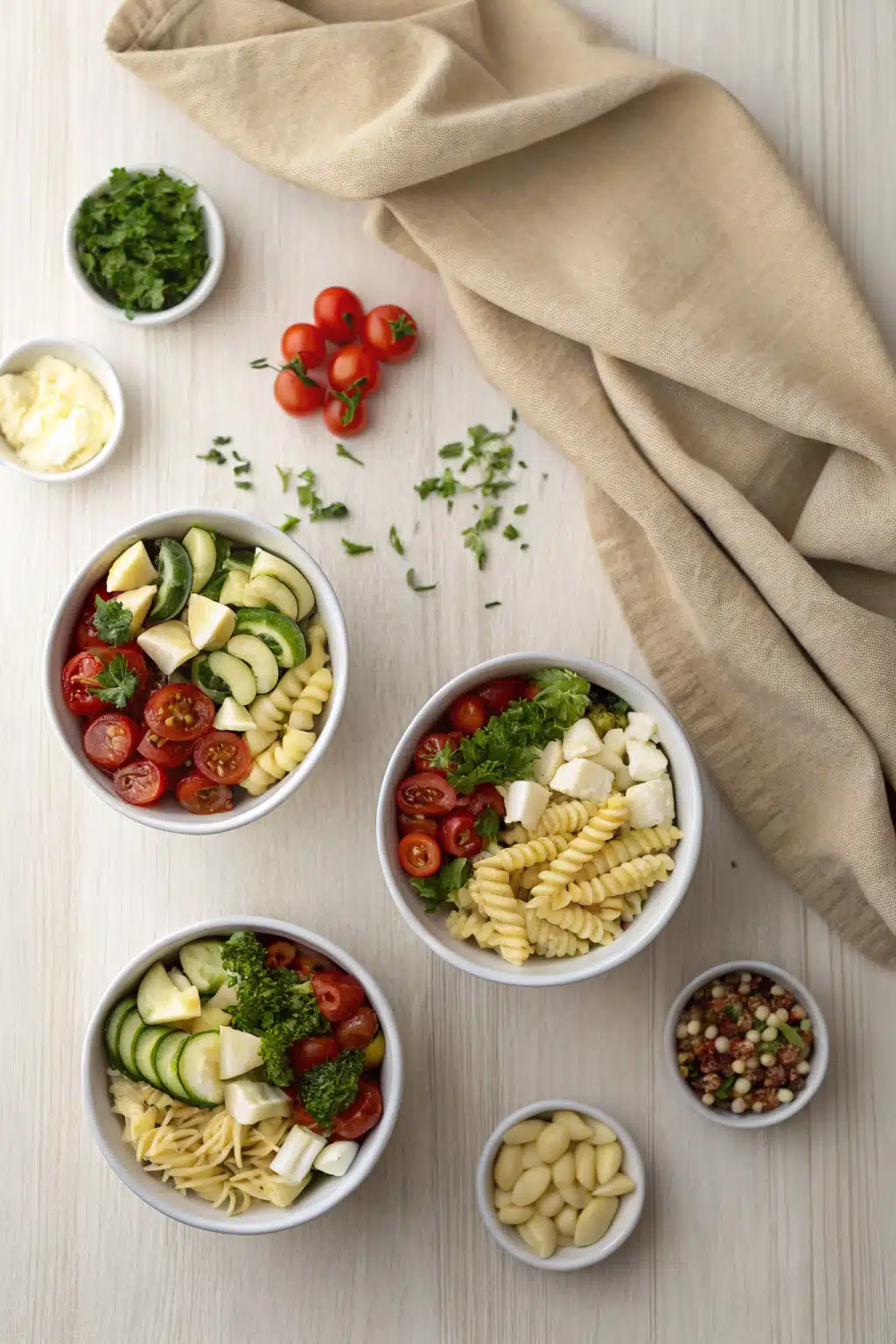 Italian Pasta Salad Tips beautifully presented from an overhead angle